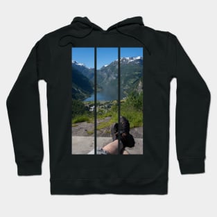 Wonderful landscapes in Norway. Vestland. Beautiful scenery of Geiranger Fjord from the Queen's Chair viewpoint. Cruise ship, winding roads, waterfall and stream. Hoodie